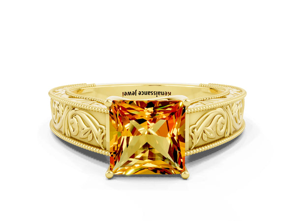 Yellow gold Princess Cut Citrine Solitaire Ring with Engraved Band and Four-Prong Setting