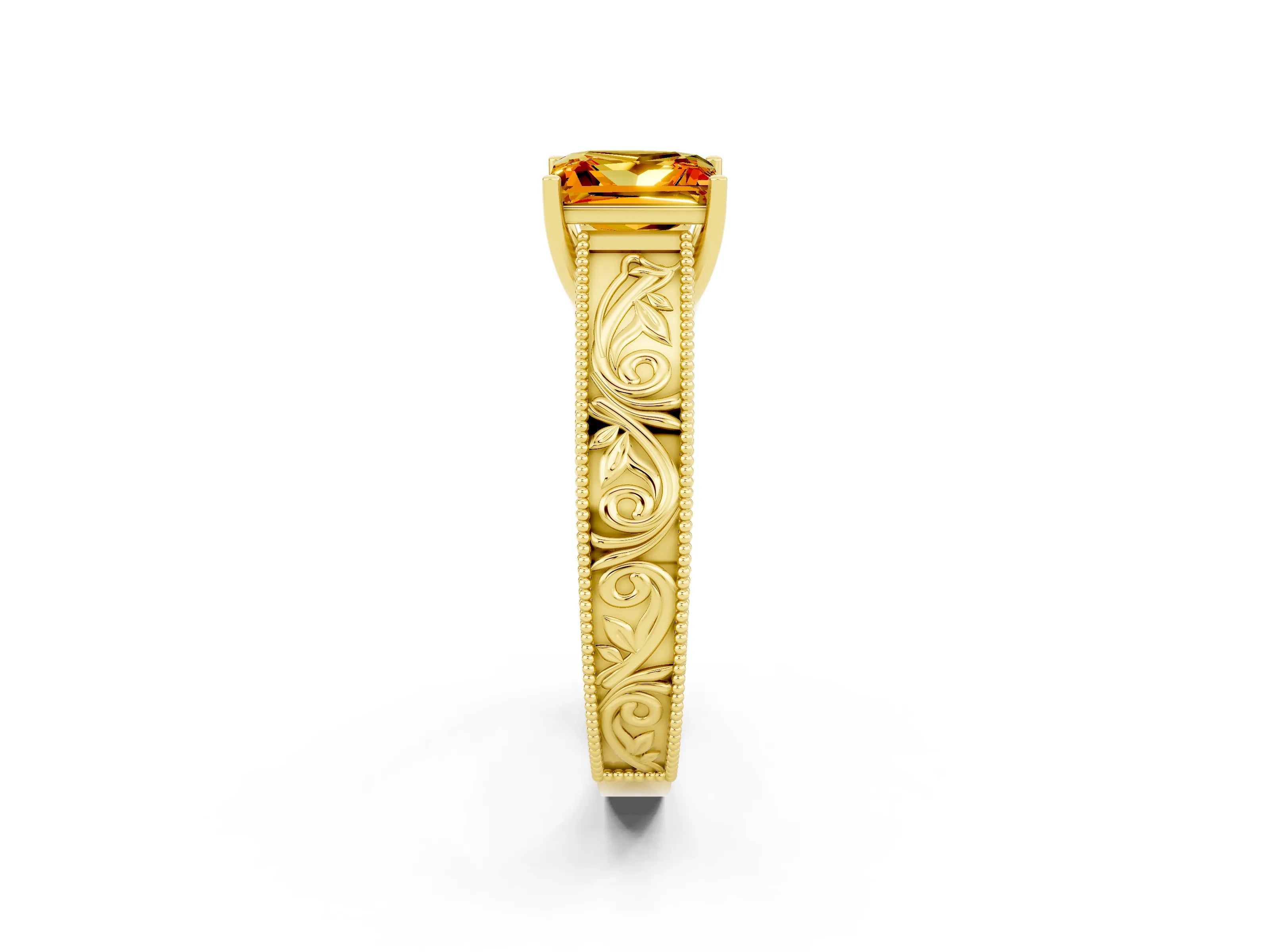 Yellow gold Princess Cut Citrine Solitaire Ring with Engraved Band and Four-Prong Setting_2