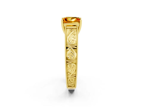 Yellow gold Princess Cut Citrine Solitaire Ring with Engraved Band and Four-Prong Setting_2