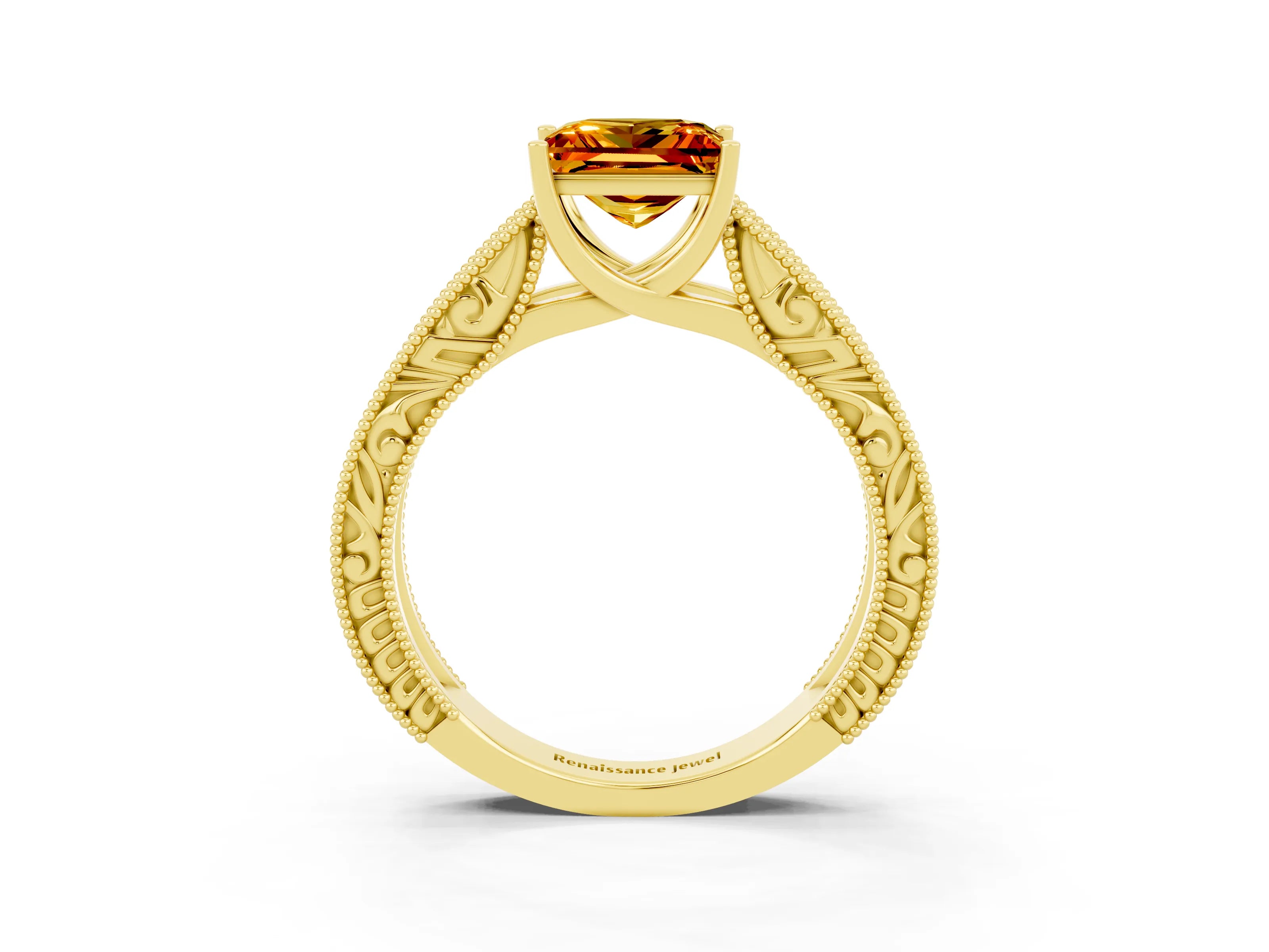 Yellow gold Princess Cut Citrine Solitaire Ring with Engraved Band and Four-Prong Setting_3