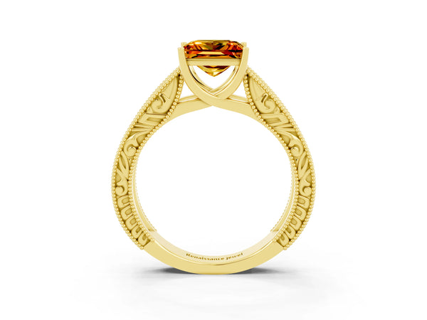 Yellow gold Princess Cut Citrine Solitaire Ring with Engraved Band and Four-Prong Setting
