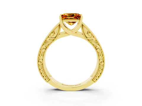 Yellow gold Princess Cut Citrine Solitaire Ring with Engraved Band and Four-Prong Setting_3