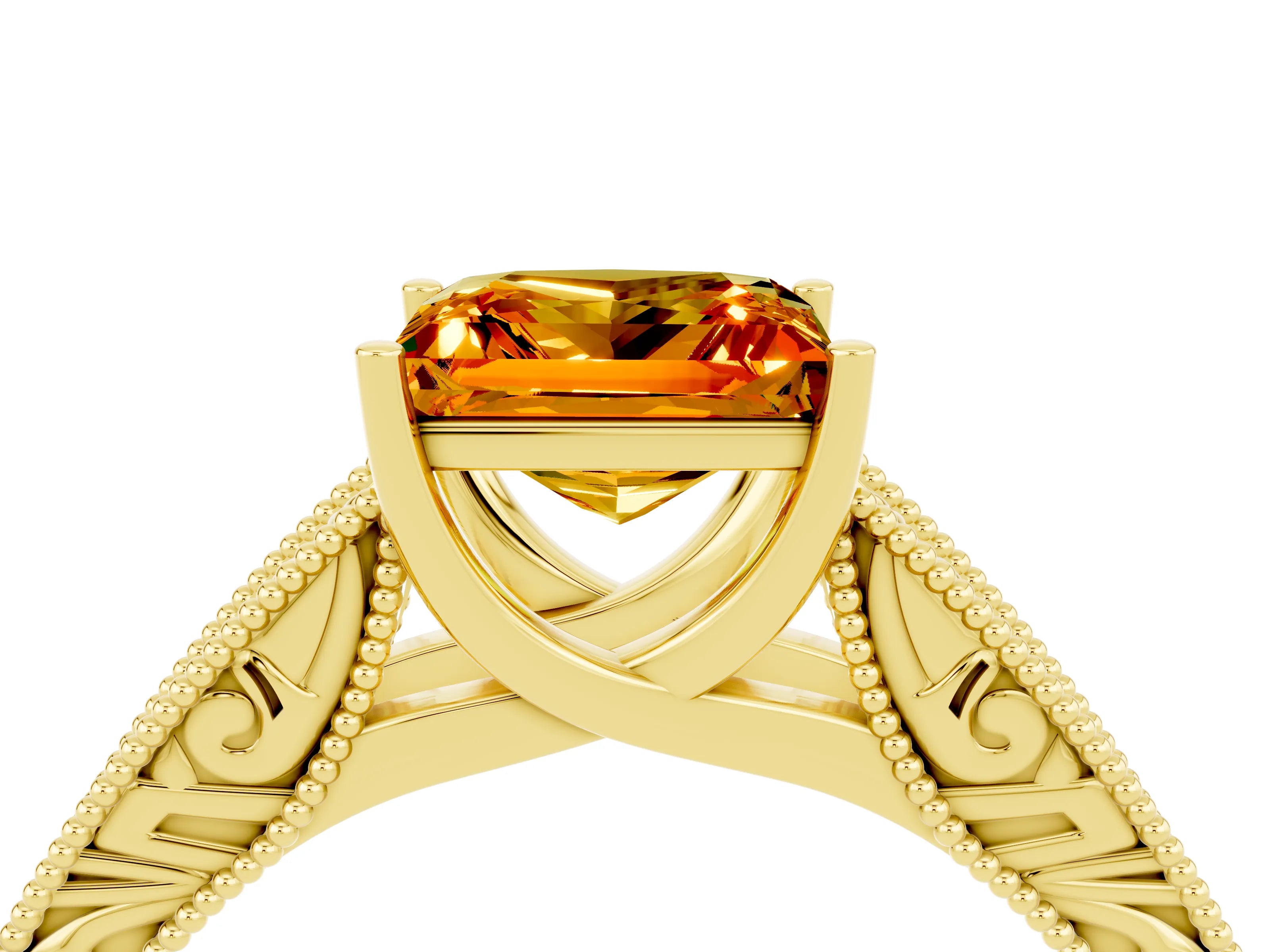 Yellow gold Princess Cut Citrine Solitaire Ring with Engraved Band and Four-Prong Setting_4