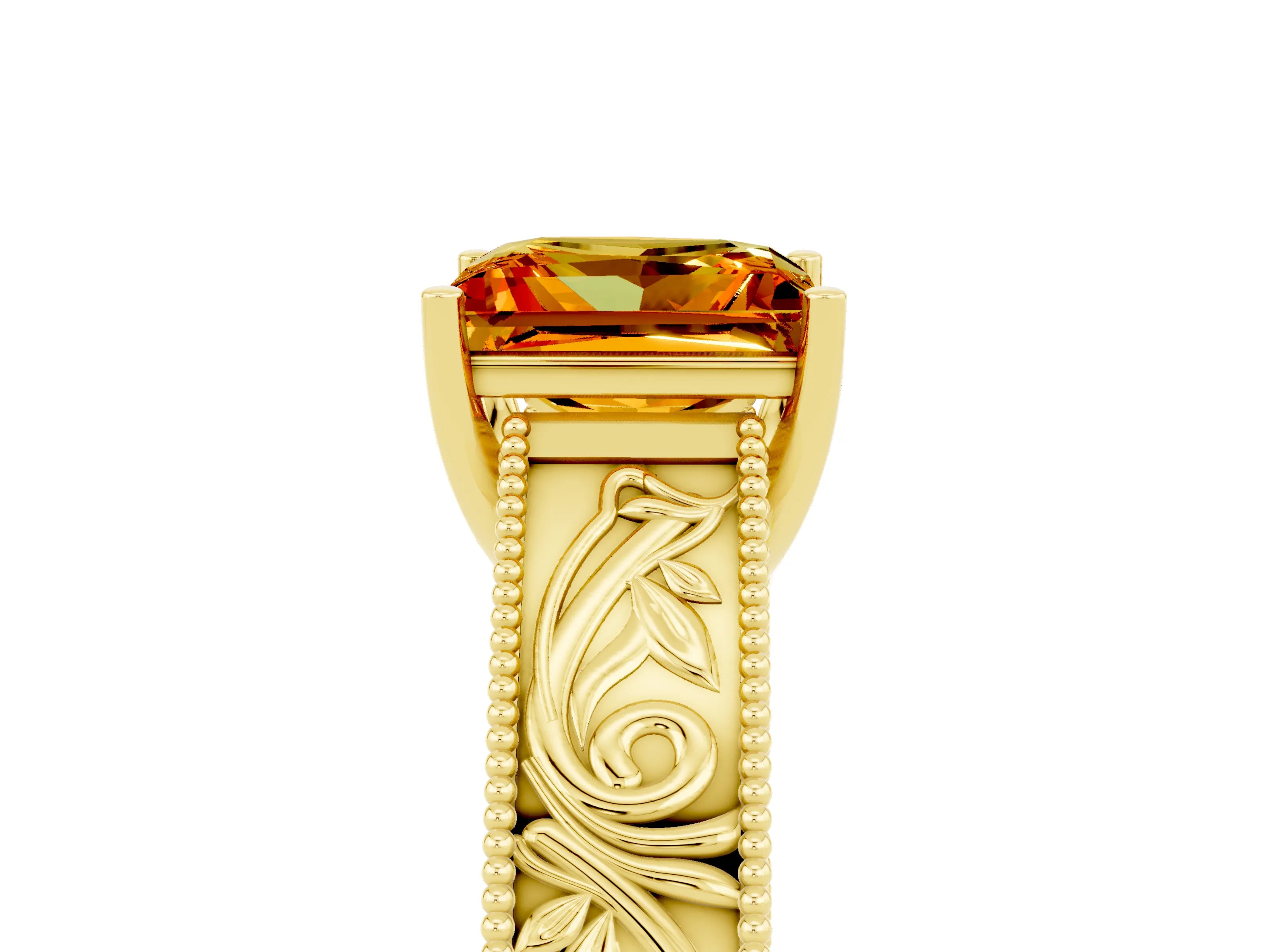 Yellow gold Princess Cut Citrine Solitaire Ring with Engraved Band and Four-Prong Setting_5