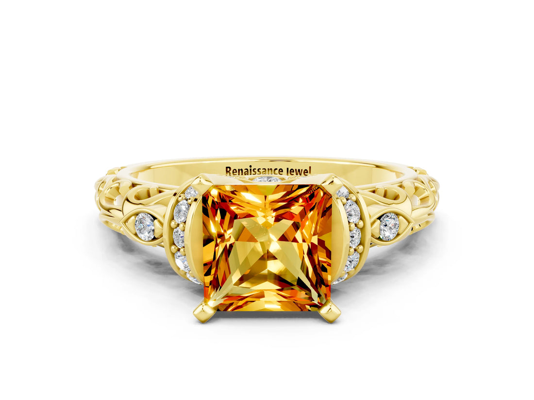 Yellow gold Princess Cut Citrine Solitaire Ring with Filigree Band and Four-Prong Setting_24