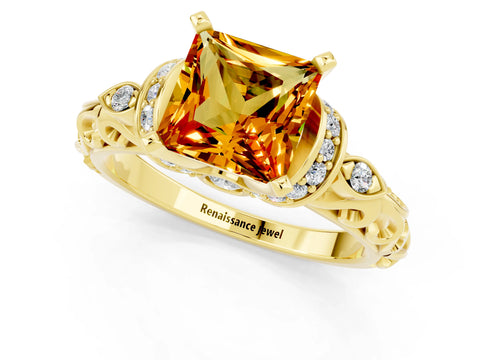 Yellow gold Princess Cut Citrine Solitaire Ring with Filigree Band and Four-Prong Setting_25