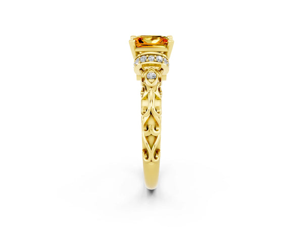 Yellow gold Princess Cut Citrine Solitaire Ring with Filigree Band and Four-Prong Setting