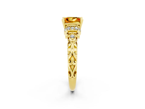 Yellow gold Princess Cut Citrine Solitaire Ring with Filigree Band and Four-Prong Setting_26