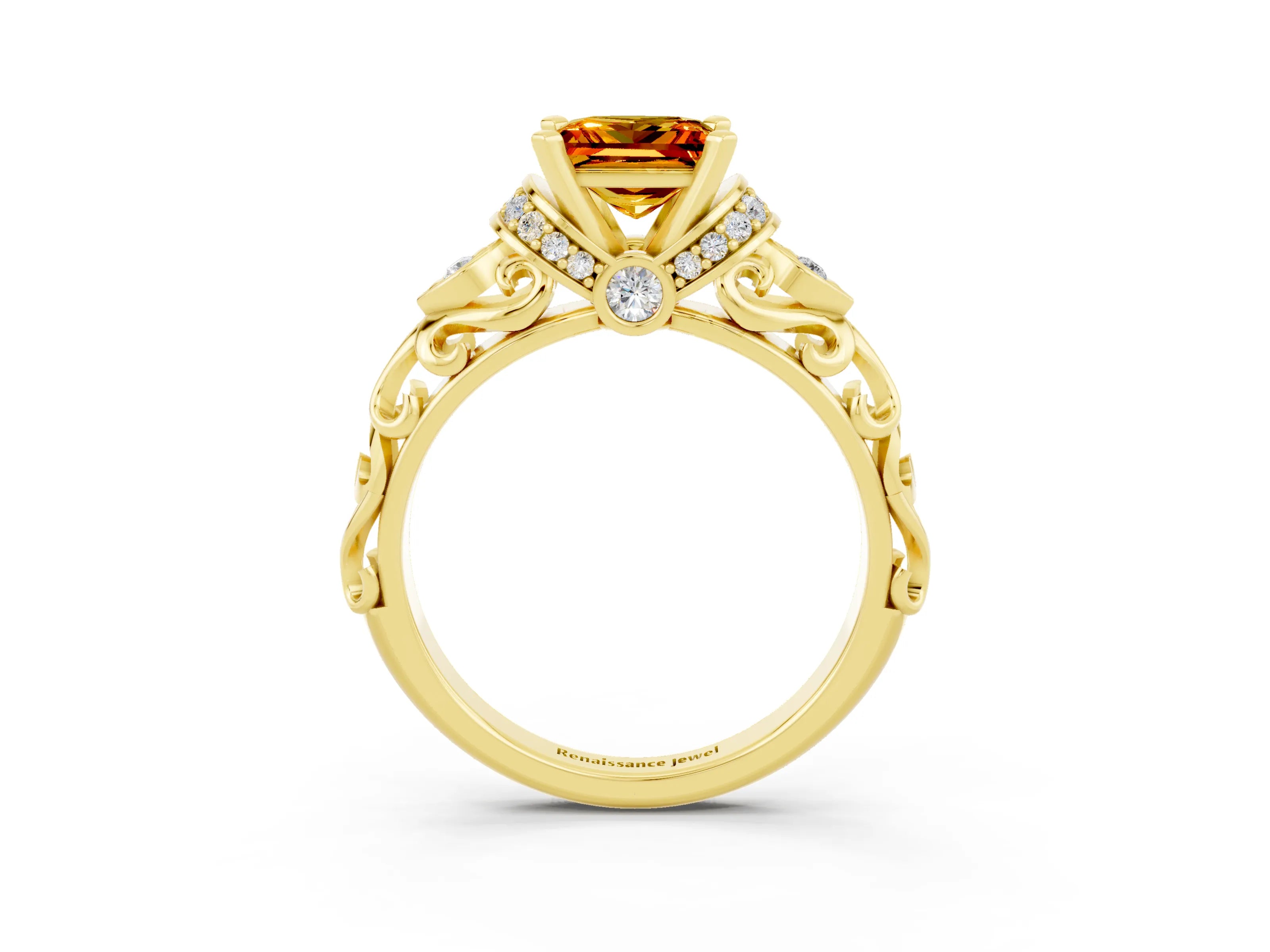 Yellow gold Princess Cut Citrine Solitaire Ring with Filigree Band and Four-Prong Setting_27