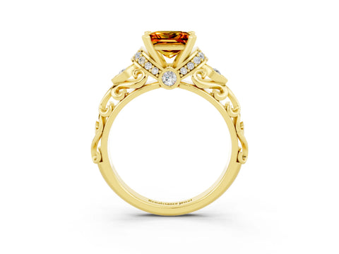 Yellow gold Princess Cut Citrine Solitaire Ring with Filigree Band and Four-Prong Setting_27