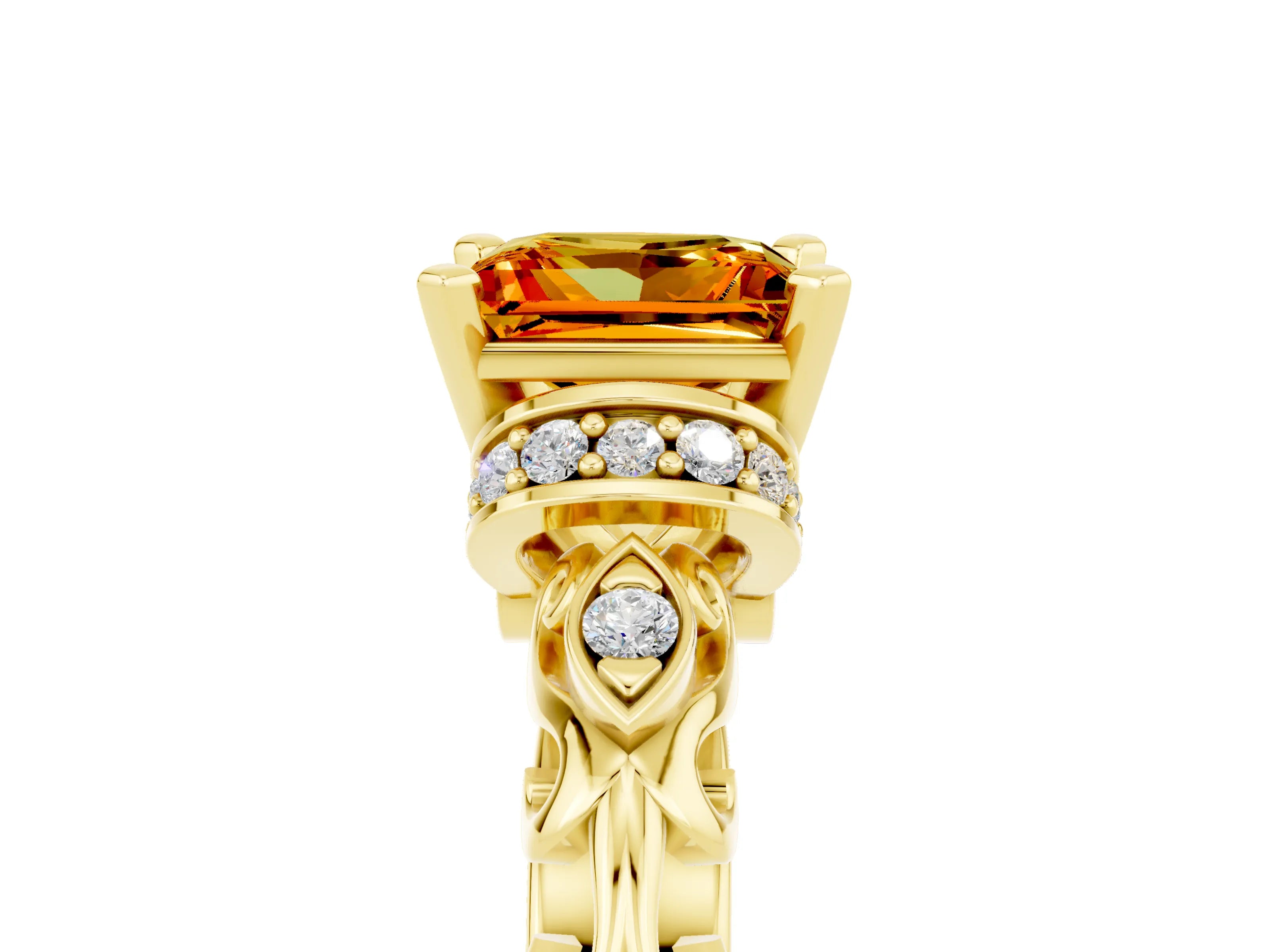 Yellow gold Princess Cut Citrine Solitaire Ring with Filigree Band and Four-Prong Setting_29