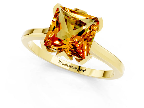 Yellow gold Princess Cut Citrine Solitaire Ring with Flower Prong Setting and Classic Band