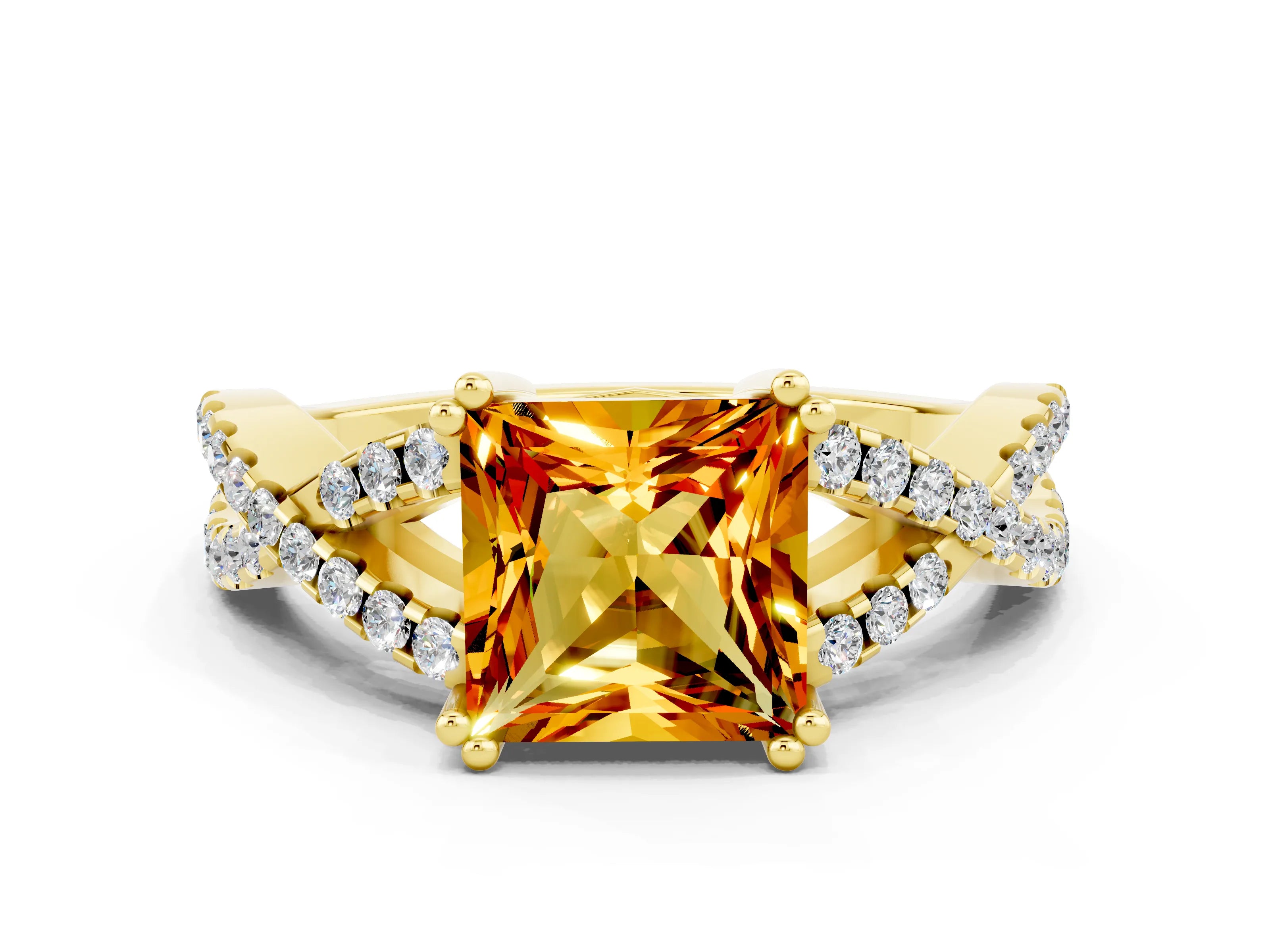 Yellow gold Princess Cut Citrine Solitaire Ring with Four-Prong Setting and Twisted Pavé Band