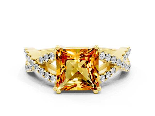 Yellow gold Princess Cut Citrine Solitaire Ring with Four-Prong Setting and Twisted Pavé Band