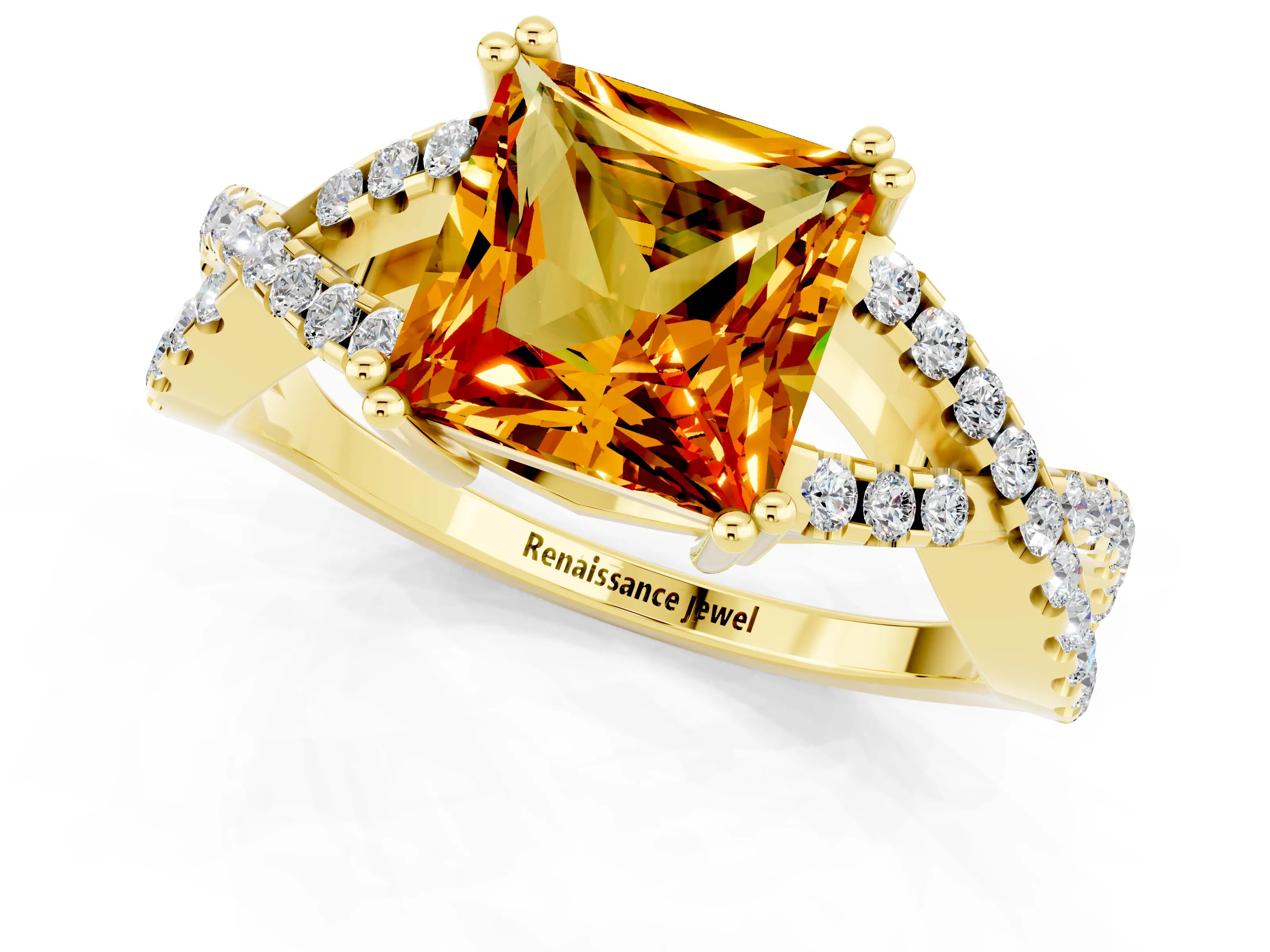 Yellow gold Princess Cut Citrine Solitaire Ring with Four-Prong Setting and Twisted Pavé Band_1