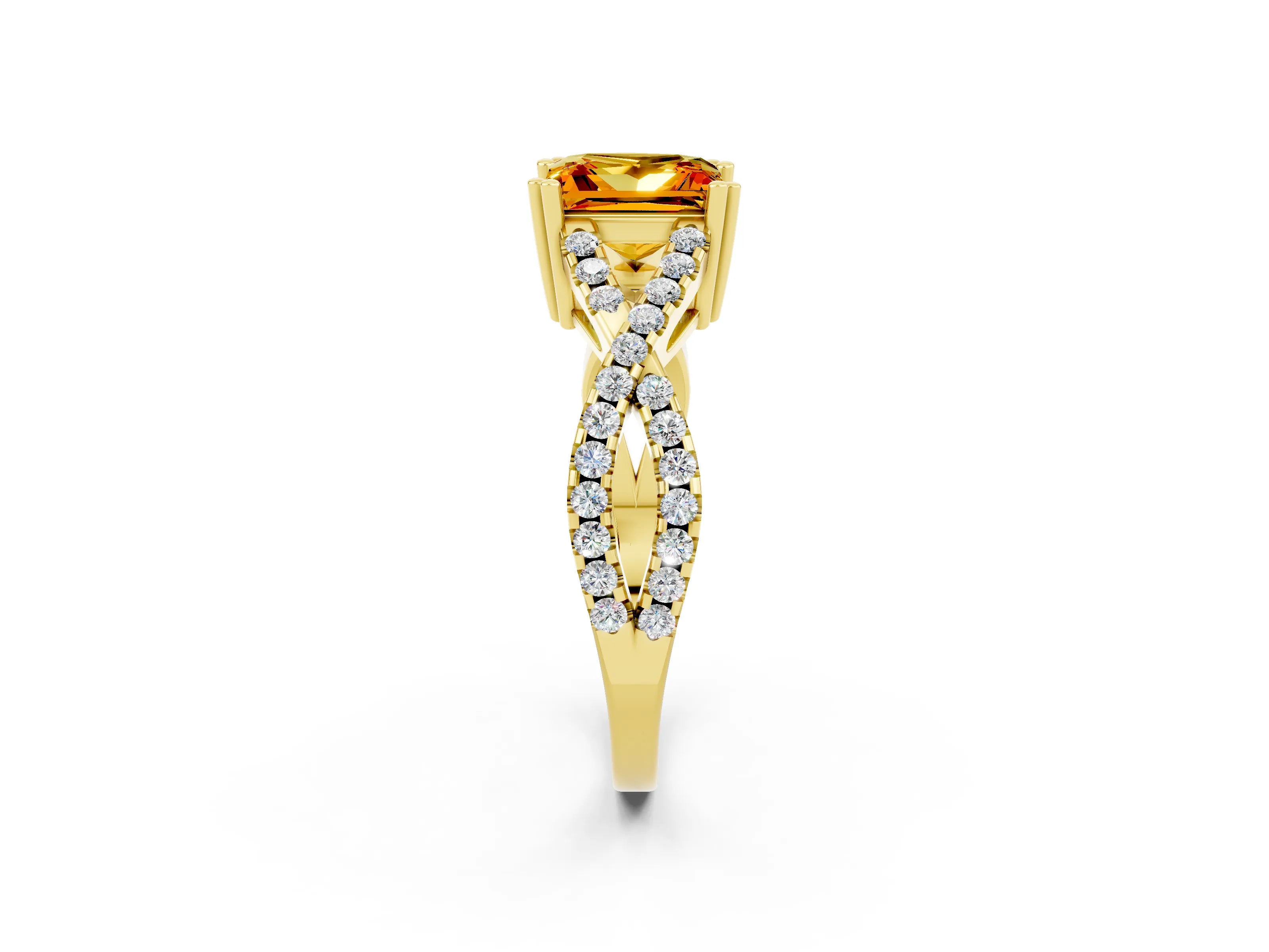 Yellow gold Princess Cut Citrine Solitaire Ring with Four-Prong Setting and Twisted Pavé Band_2