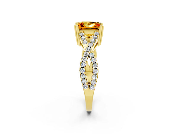Yellow gold Princess Cut Citrine Solitaire Ring with Four-Prong Setting and Twisted Pavé Band