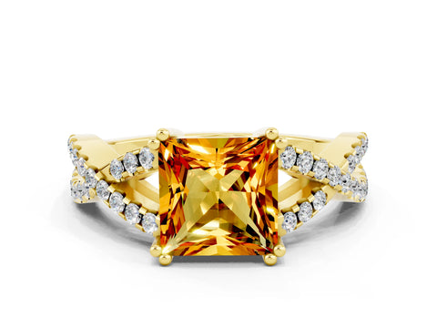 Yellow gold Princess Cut Citrine Solitaire Ring with Four-Prong Setting and Twisted Pavé Band