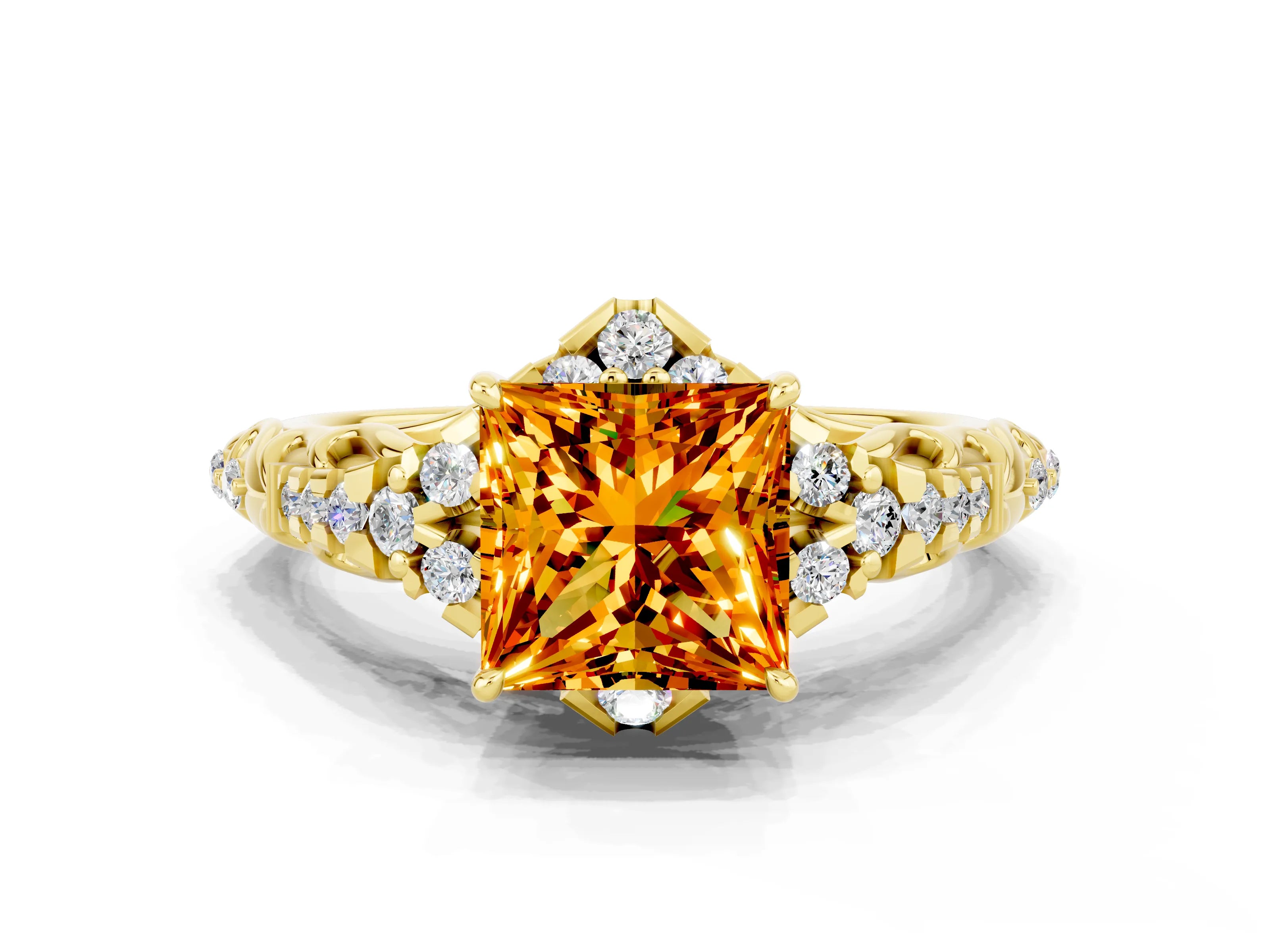 Yellow gold Princess Cut Citrine Solitaire Ring with Hidden Halo and Pavé Band_12
