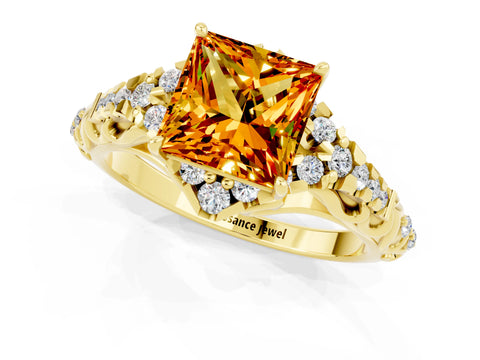 Yellow gold Princess Cut Citrine Solitaire Ring with Hidden Halo and Pavé Band_13