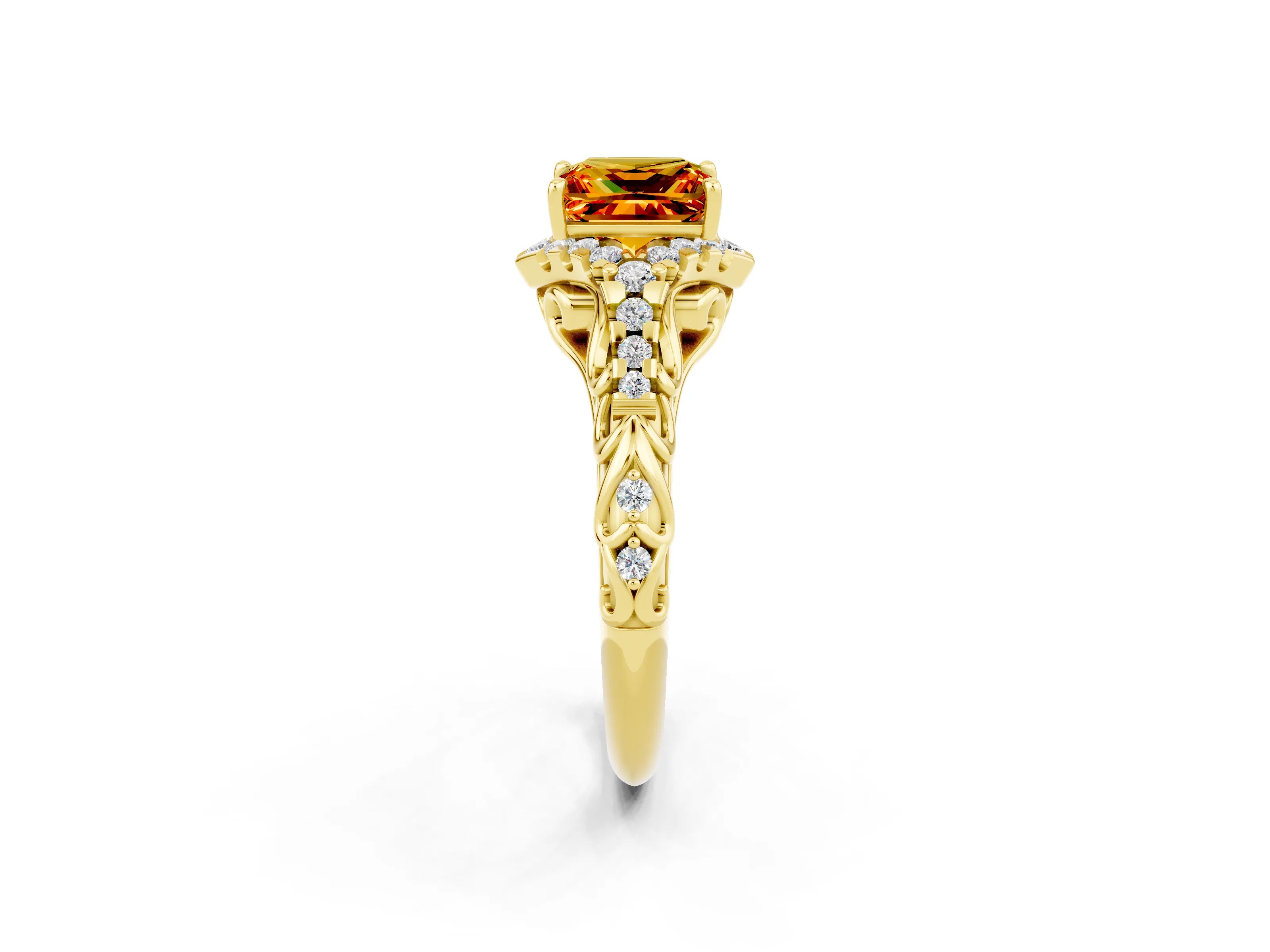 Yellow gold Princess Cut Citrine Solitaire Ring with Hidden Halo and Pavé Band_14