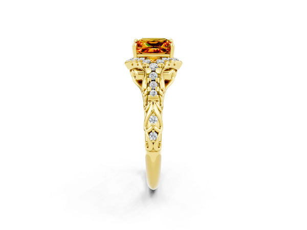 Yellow gold Princess Cut Citrine Solitaire Ring with Hidden Halo and Pavé Band