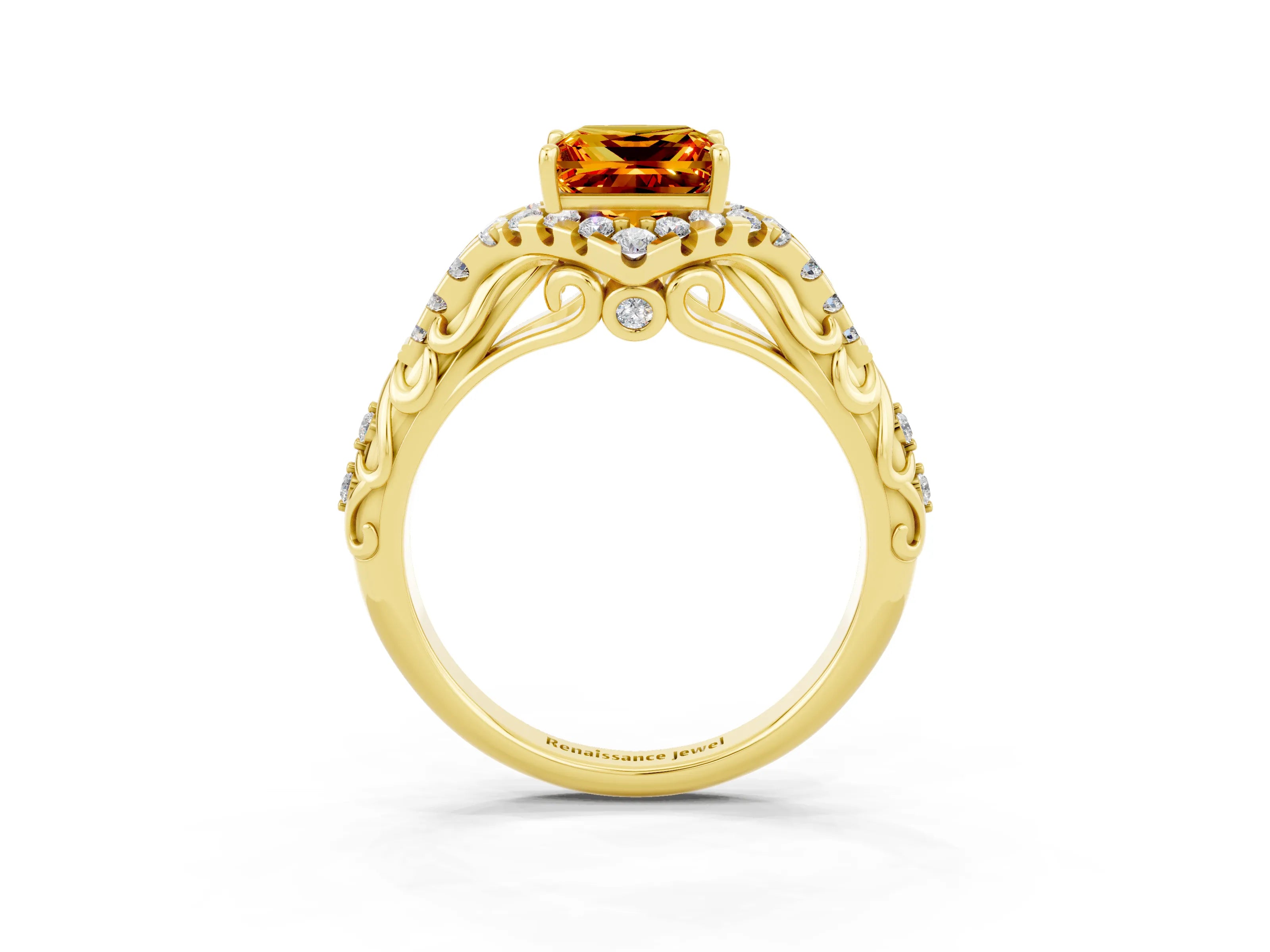 Yellow gold Princess Cut Citrine Solitaire Ring with Hidden Halo and Pavé Band_15