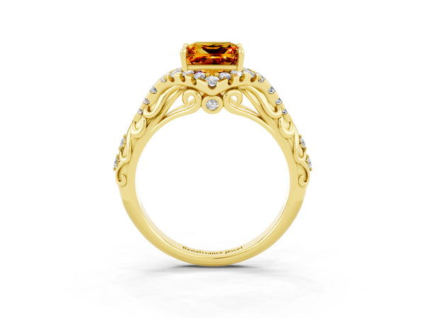 Yellow gold Princess Cut Citrine Solitaire Ring with Hidden Halo and Pavé Band