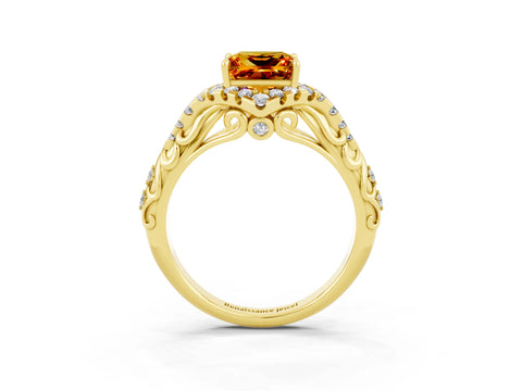 Yellow gold Princess Cut Citrine Solitaire Ring with Hidden Halo and Pavé Band_15
