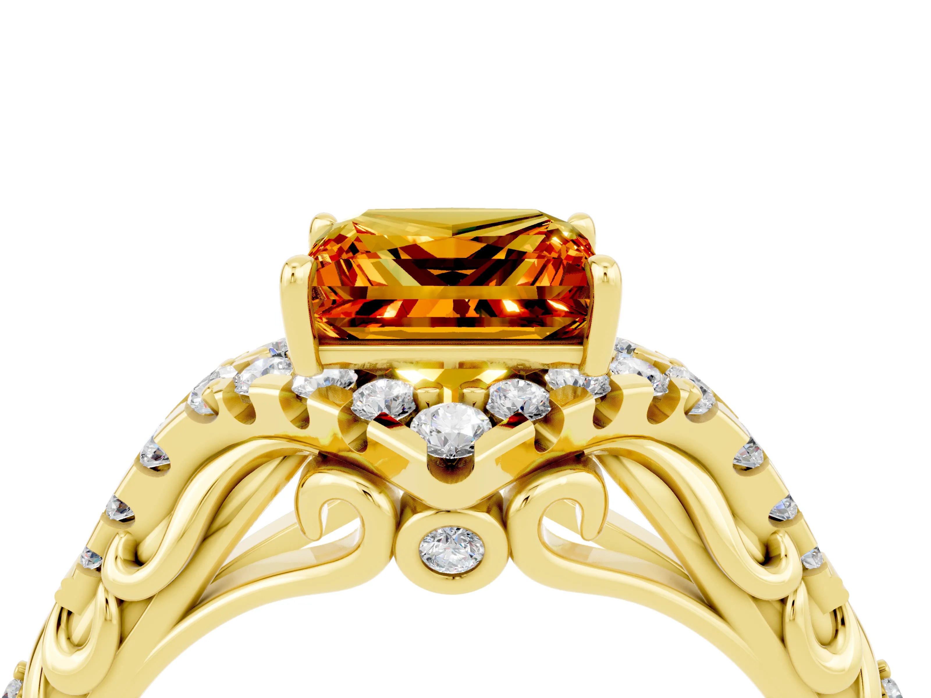 Yellow gold Princess Cut Citrine Solitaire Ring with Hidden Halo and Pavé Band_16