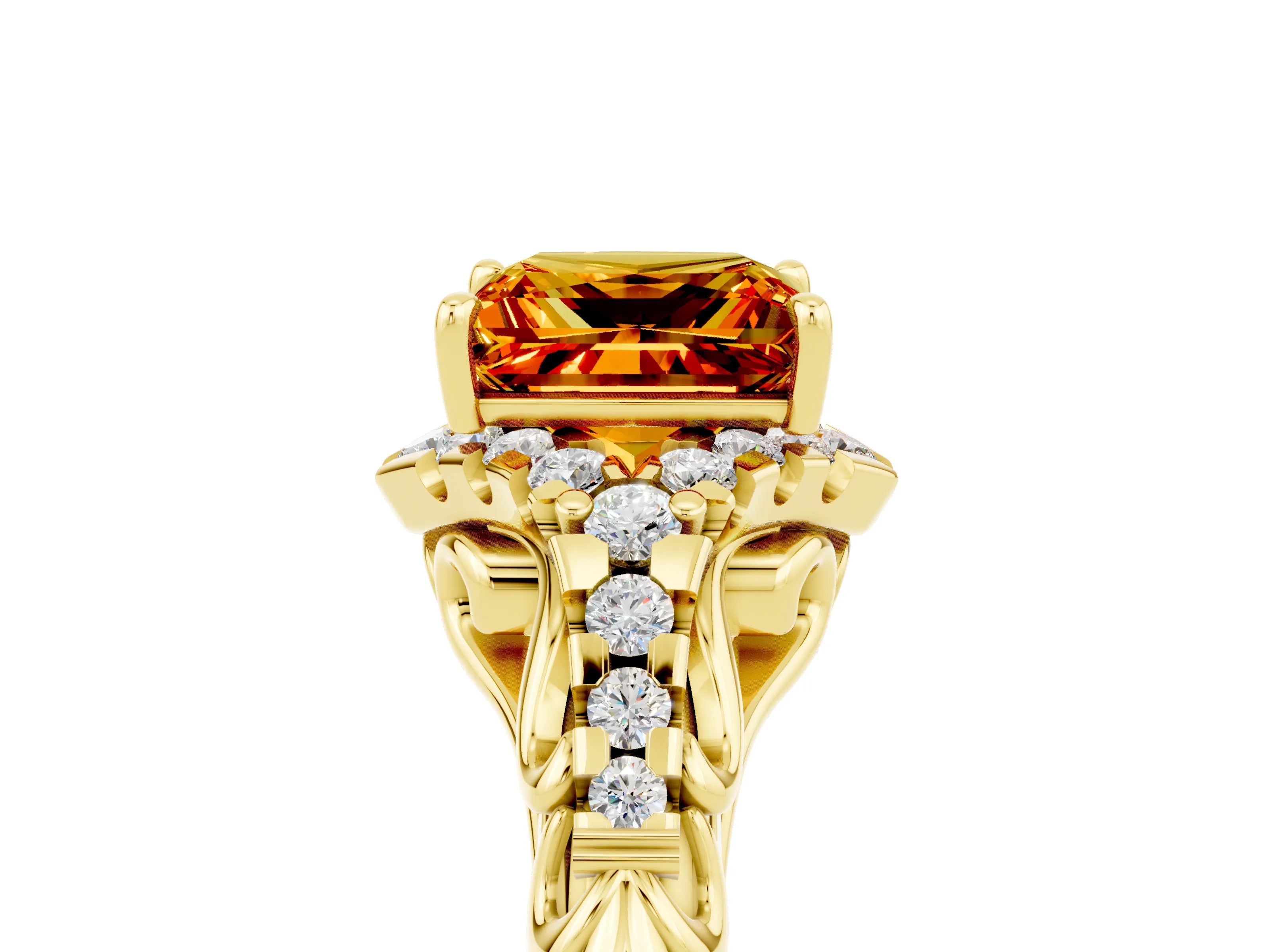 Yellow gold Princess Cut Citrine Solitaire Ring with Hidden Halo and Pavé Band_17