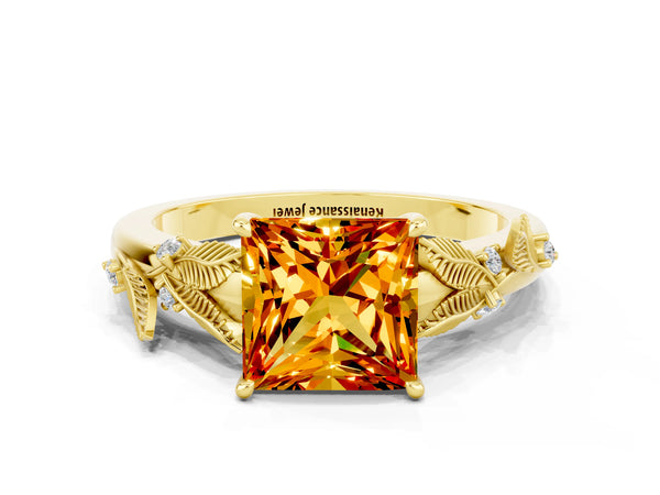 Yellow gold Princess Cut Citrine Solitaire Ring with Leaf Motif Band and Four-Prong Setting
