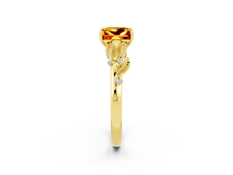 Yellow gold Princess Cut Citrine Solitaire Ring with Leaf Motif Band and Four-Prong Setting_2