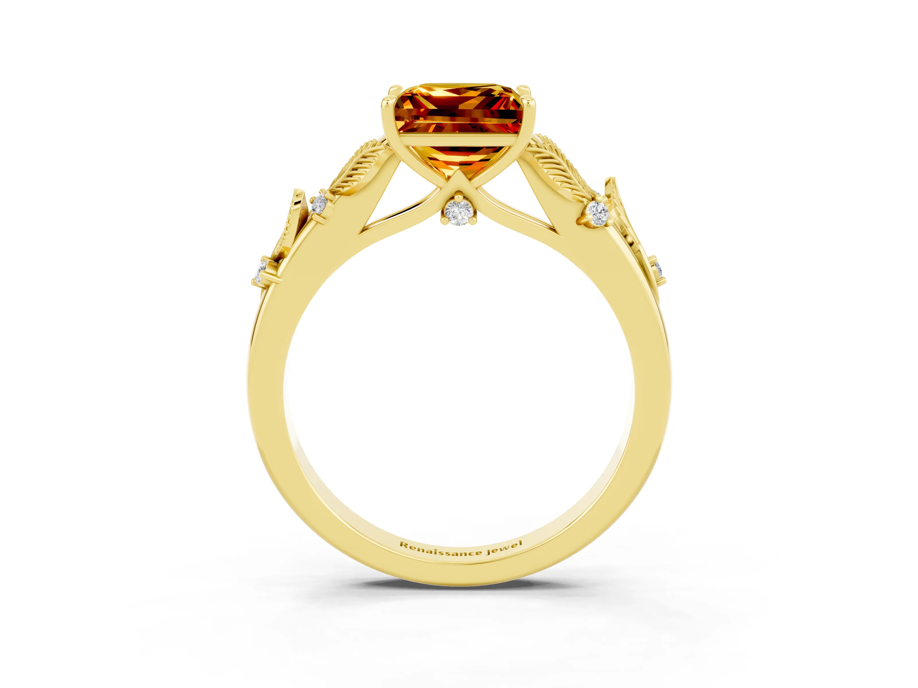 Yellow gold Princess Cut Citrine Solitaire Ring with Leaf Motif Band and Four-Prong Setting_3