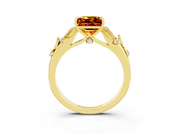 Yellow gold Princess Cut Citrine Solitaire Ring with Leaf Motif Band and Four-Prong Setting
