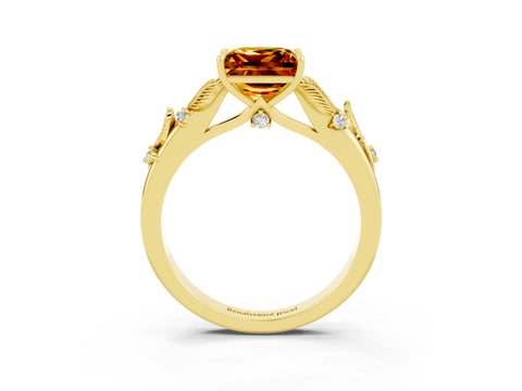 Yellow gold Princess Cut Citrine Solitaire Ring with Leaf Motif Band and Four-Prong Setting_3
