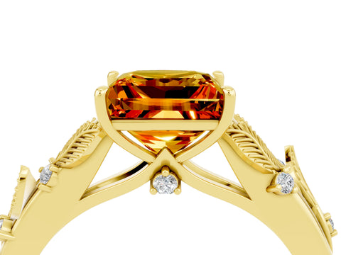 Yellow gold Princess Cut Citrine Solitaire Ring with Leaf Motif Band and Four-Prong Setting_4
