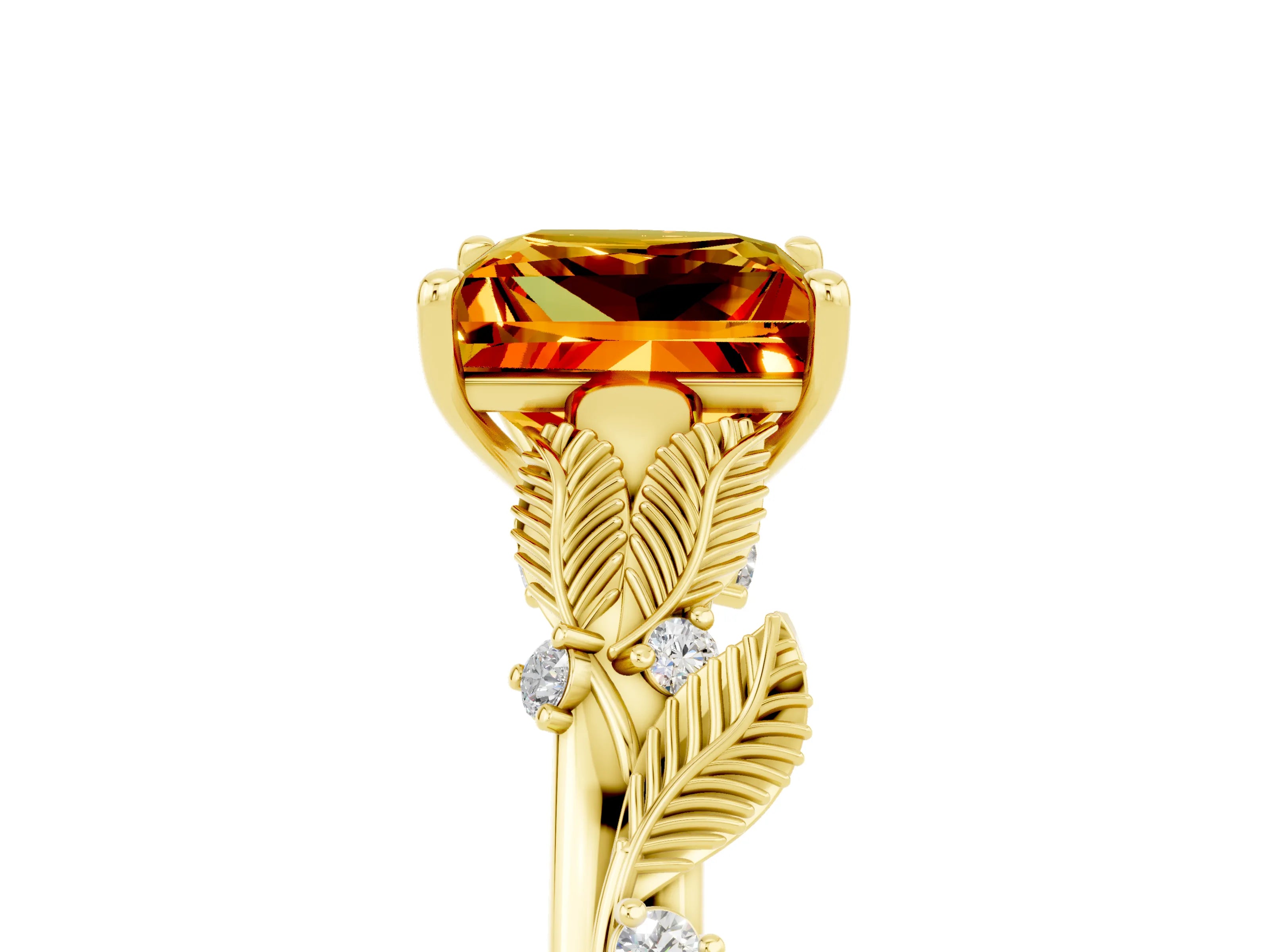 Yellow gold Princess Cut Citrine Solitaire Ring with Leaf Motif Band and Four-Prong Setting_5