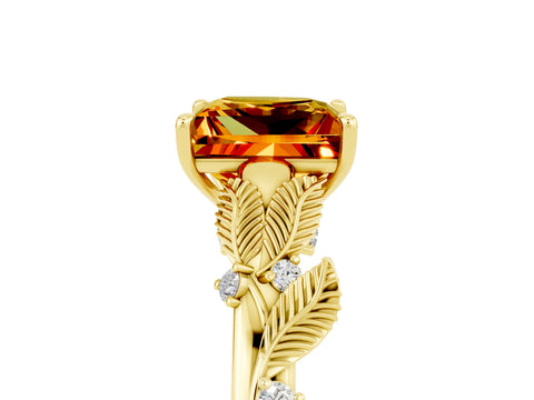 Yellow gold Princess Cut Citrine Solitaire Ring with Leaf Motif Band and Four-Prong Setting_5