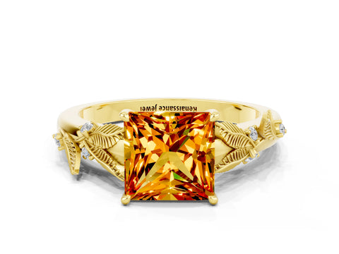 Yellow gold Princess Cut Citrine Solitaire Ring with Leaf Motif Band and Four-Prong Setting