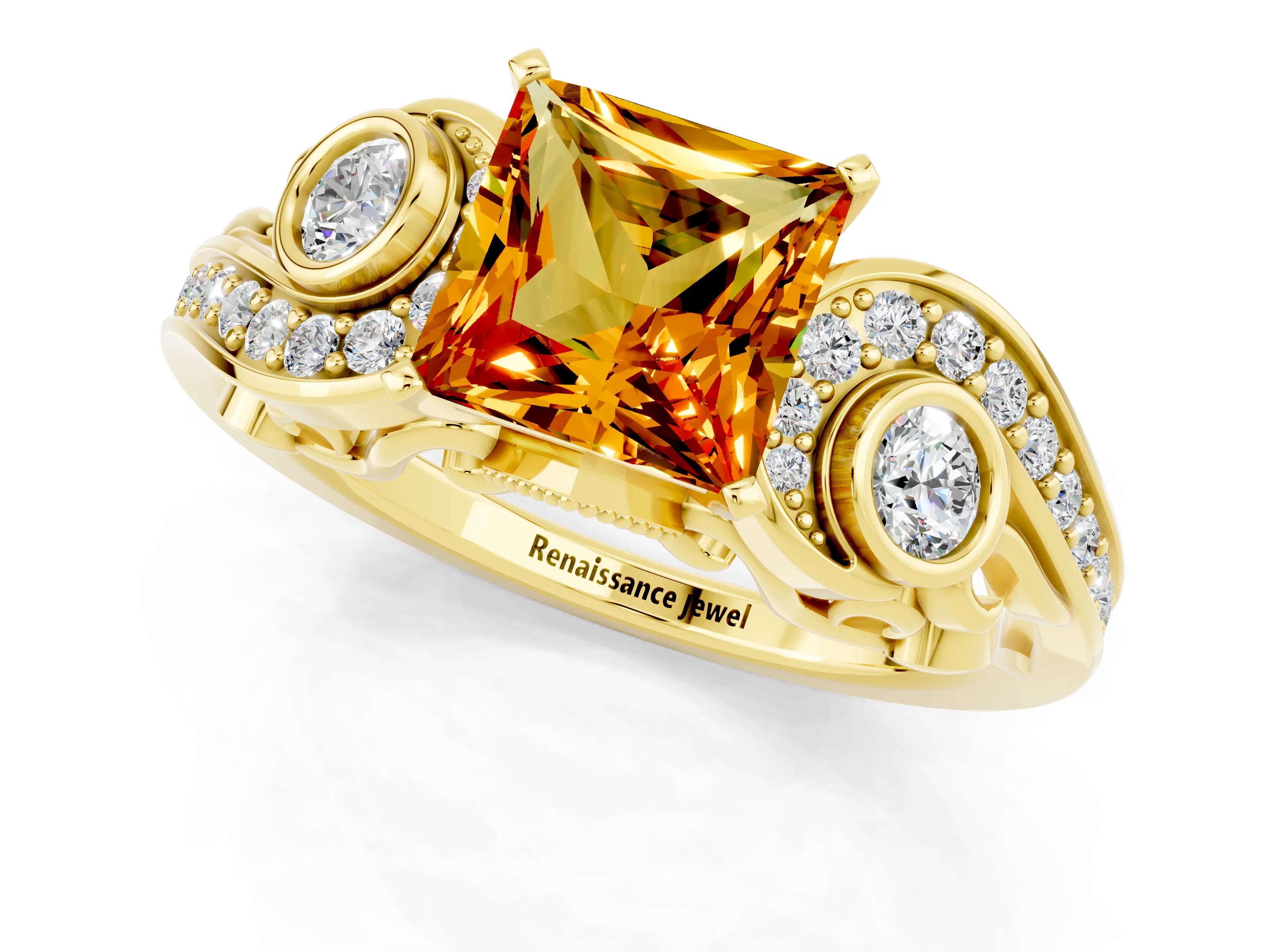 Yellow gold Princess Cut Citrine Solitaire Ring with Milgrain Pavé Band and Four-Prong Setting_25