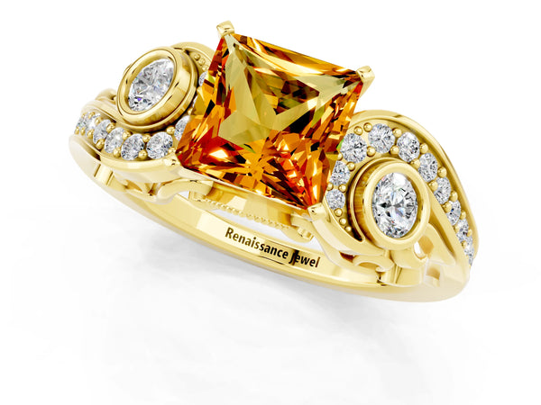 Yellow gold Princess Cut Citrine Solitaire Ring with Milgrain Pavé Band and Four-Prong Setting