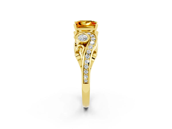 Yellow gold Princess Cut Citrine Solitaire Ring with Milgrain Pavé Band and Four-Prong Setting