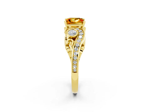 Yellow gold Princess Cut Citrine Solitaire Ring with Milgrain Pavé Band and Four-Prong Setting_26
