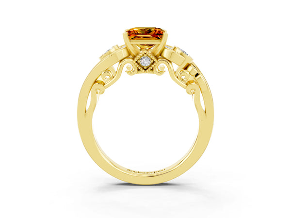 Yellow gold Princess Cut Citrine Solitaire Ring with Milgrain Pavé Band and Four-Prong Setting