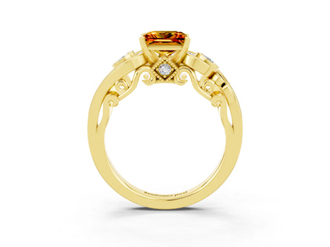 Yellow gold Princess Cut Citrine Solitaire Ring with Milgrain Pavé Band and Four-Prong Setting_27
