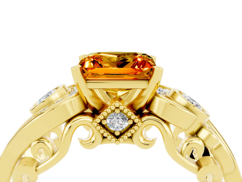 Yellow gold Princess Cut Citrine Solitaire Ring with Milgrain Pavé Band and Four-Prong Setting_28