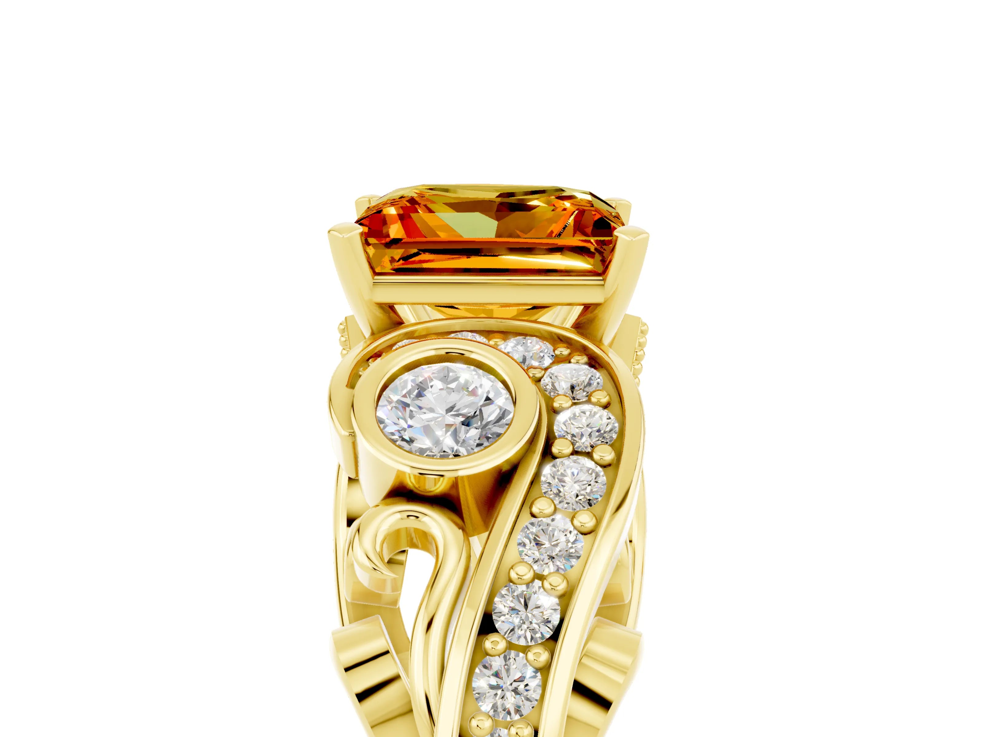 Yellow gold Princess Cut Citrine Solitaire Ring with Milgrain Pavé Band and Four-Prong Setting_29