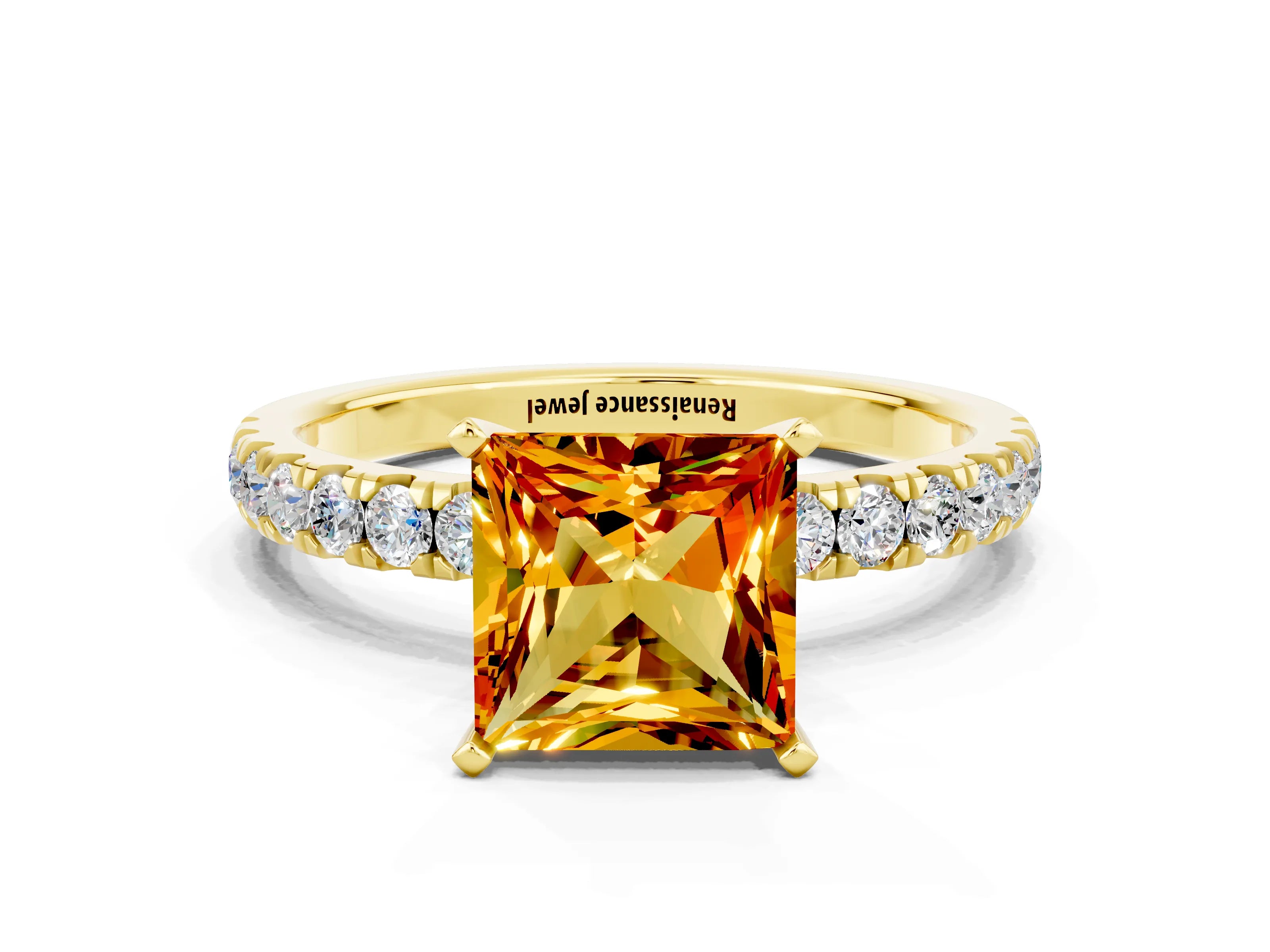 Yellow gold Princess Cut Citrine Solitaire Ring with Pavé Accents and Four-Prong Setting