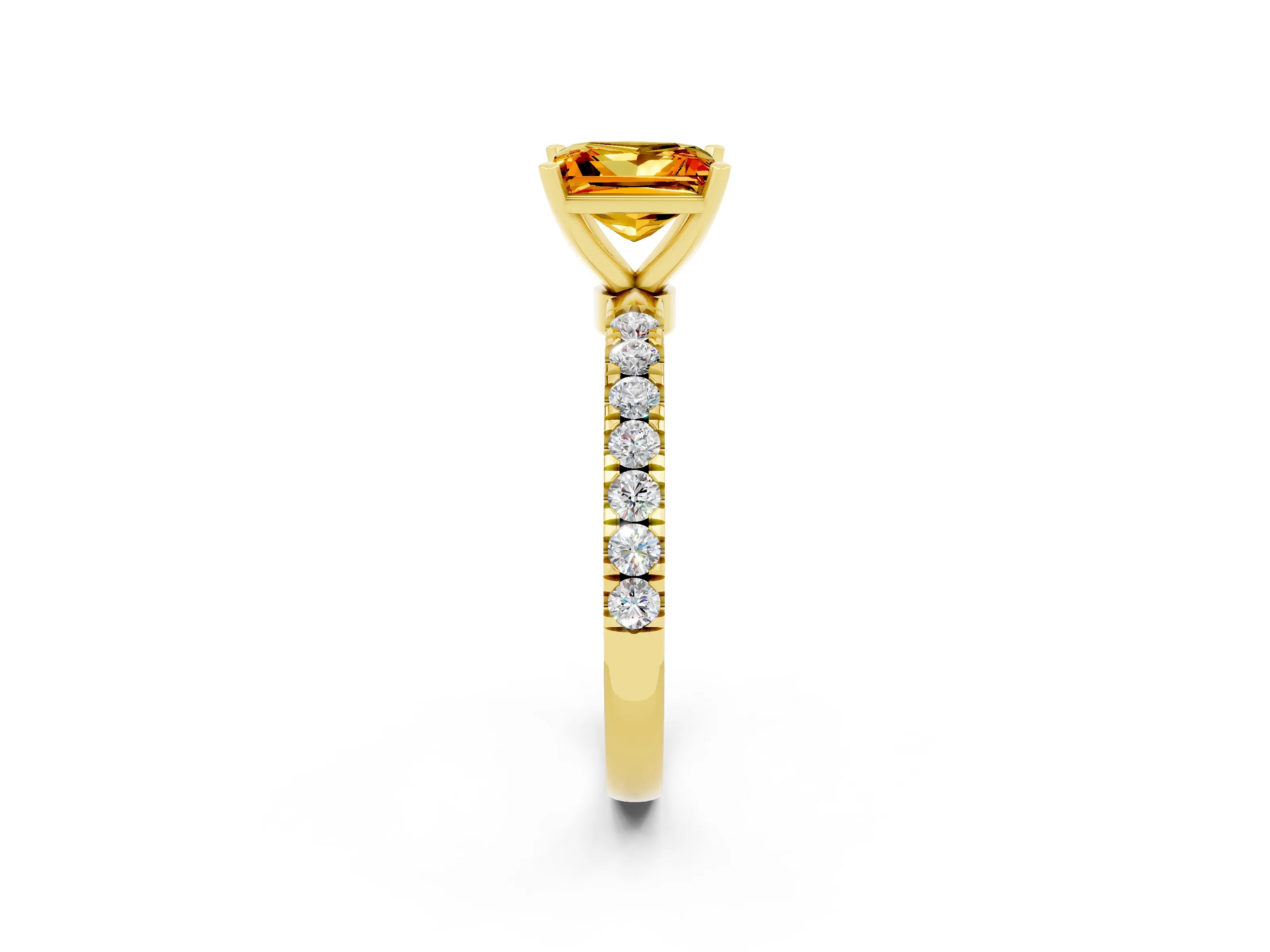 Yellow gold Princess Cut Citrine Solitaire Ring with Pavé Accents and Four-Prong Setting_2
